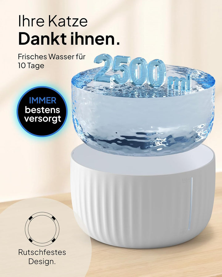 Pretty Paw Katzenbrunnen mit Leiser Pumpe, LED und Aktivkohlefilter, 2,5L Weis, Weis