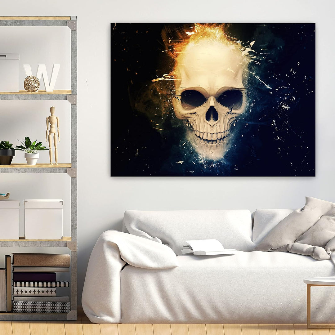 wandmotiv24 Totenkopf Wandbild aus Acrylglas, Grösse 100x75cm, Querformat, Schädel Blau Orange, Rauc