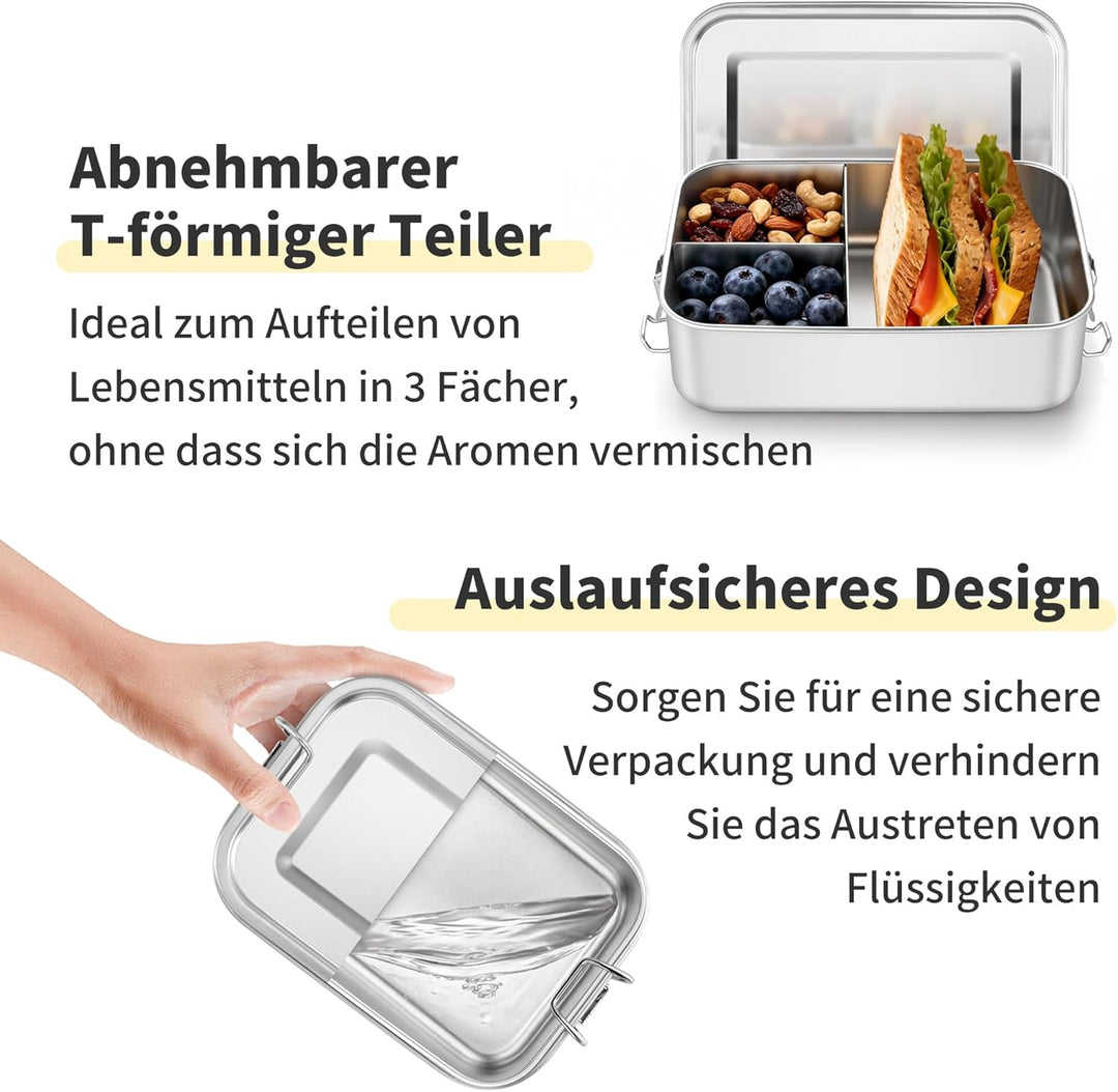 Onader Edelstahl Brotdose mit Fächern, 2400ml Gross Bento Box Lunchbox mit Abnehmbar Trennwand, Meta