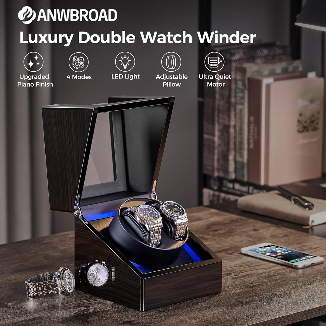 ANWBROAD Uhrenbeweger 2 uhren,Automatik uhrenbeweger mit Leiser Motor,4 Drehmodis,LED-Licht,Batterie