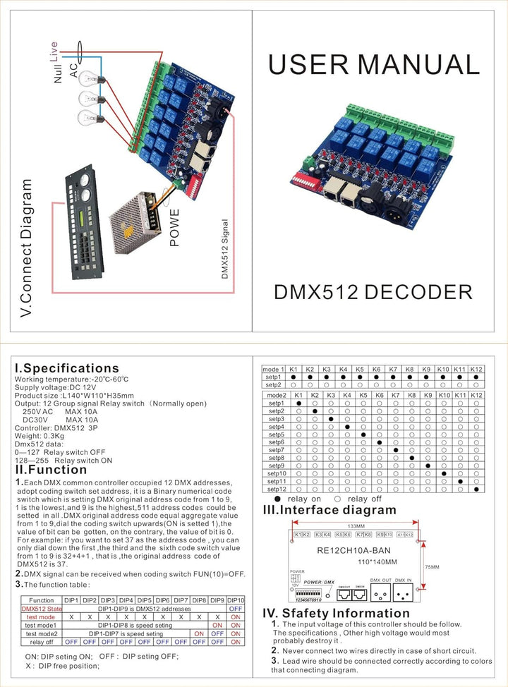 12 Channel 10A DMX512 Controller Relay Switch Converter DMX Dimmer 12CH Relay Control 12ch-relay, 12