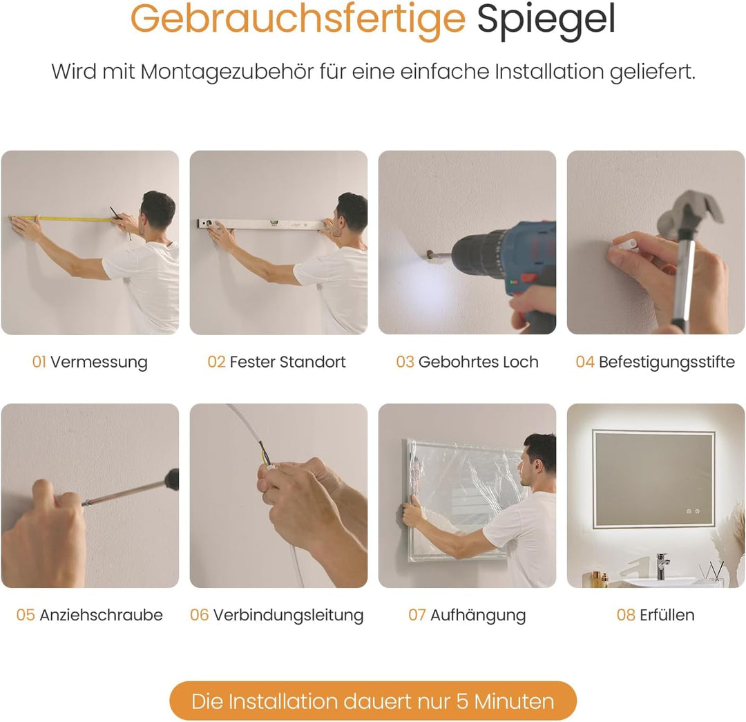 EMKE Badspiegel mit Beleuchtung 80x60cm Badezimmerspiegel mit Touch, Antibeschlag, Kaltweiss dimmbar