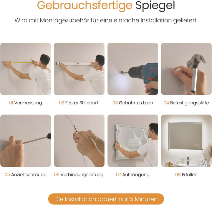 EMKE Badspiegel mit Beleuchtung 80x60cm Badezimmerspiegel mit Touch, Antibeschlag, Kaltweiss dimmbar