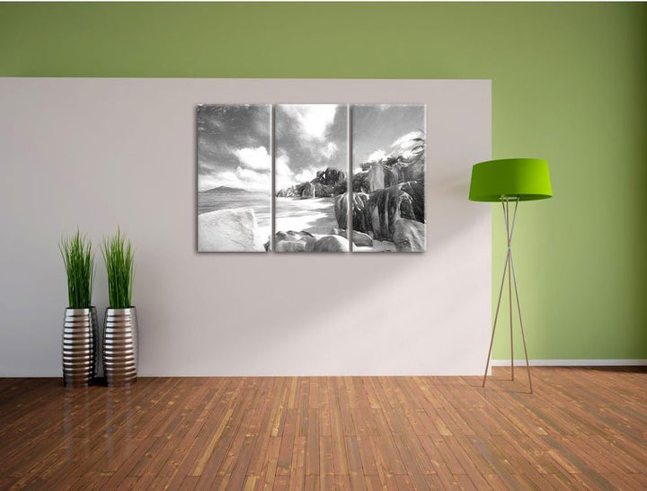 Pixxprint Seychellen Strand Kunst als Leinwandbild/Grösse: 3 Teilig (120x80) / Wandbild/Kunstdruck/f