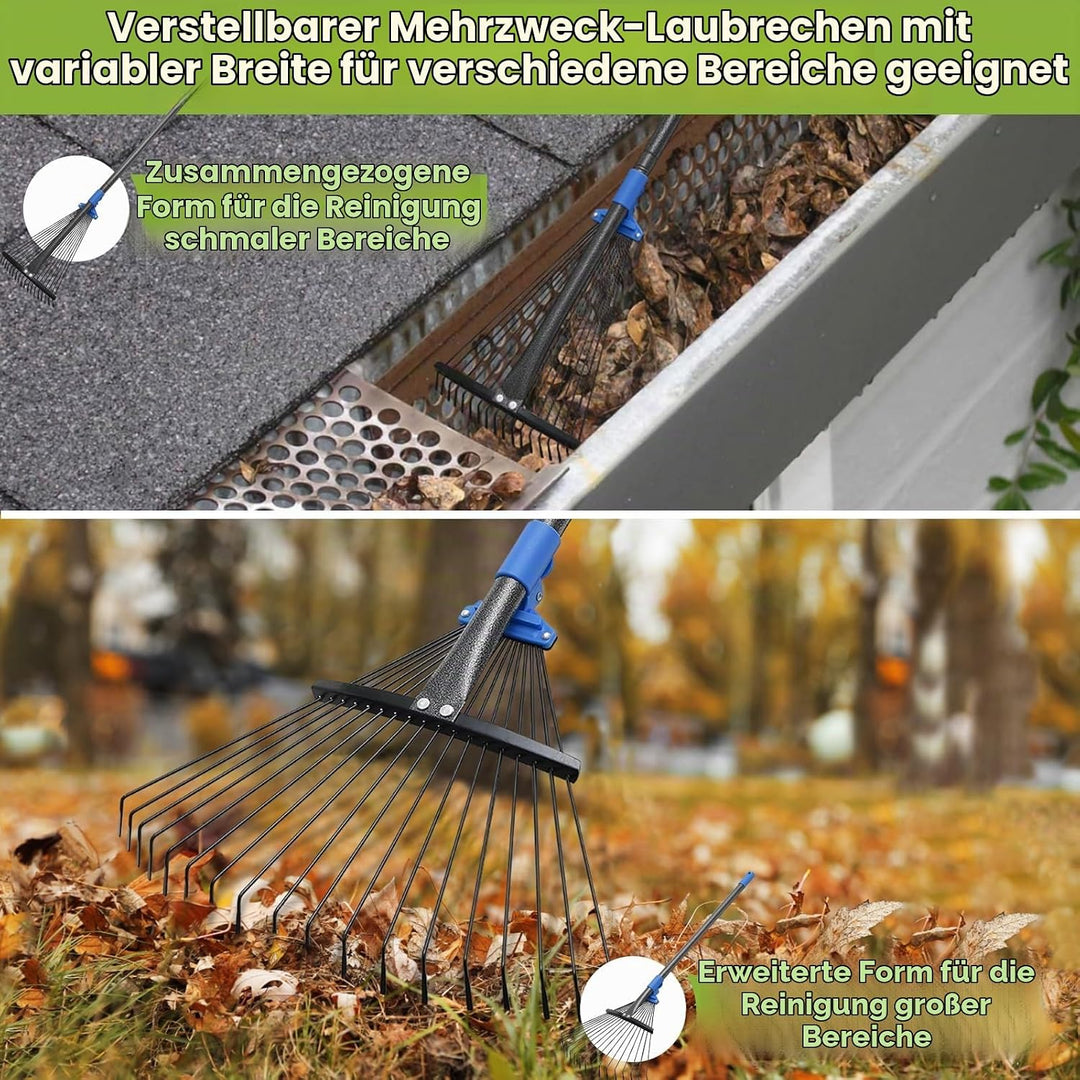 Gartenrechen Laubrechen, 18-zinkiger Metallrechen mit verstellbarem Kopf 25-45 cm, Rasenrechen Laubb