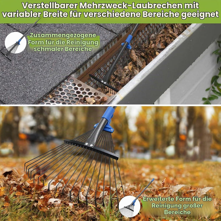 Gartenrechen Laubrechen, 18-zinkiger Metallrechen mit verstellbarem Kopf 25-45 cm, Rasenrechen Laubb