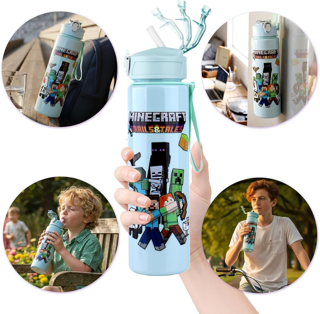 700 ml Trinkflasche mit Strohhalm – Doppelseitiges Cartoon Motiv, auslaufsicherer Trinkbecher mit De