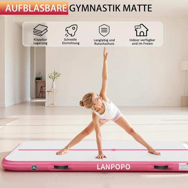 Airtrack Gymnastikmatte – Aufblasbare Turnmatte 2M/3M/4M/5M in Pink, Luftdicht, Weich aber Stabil, E