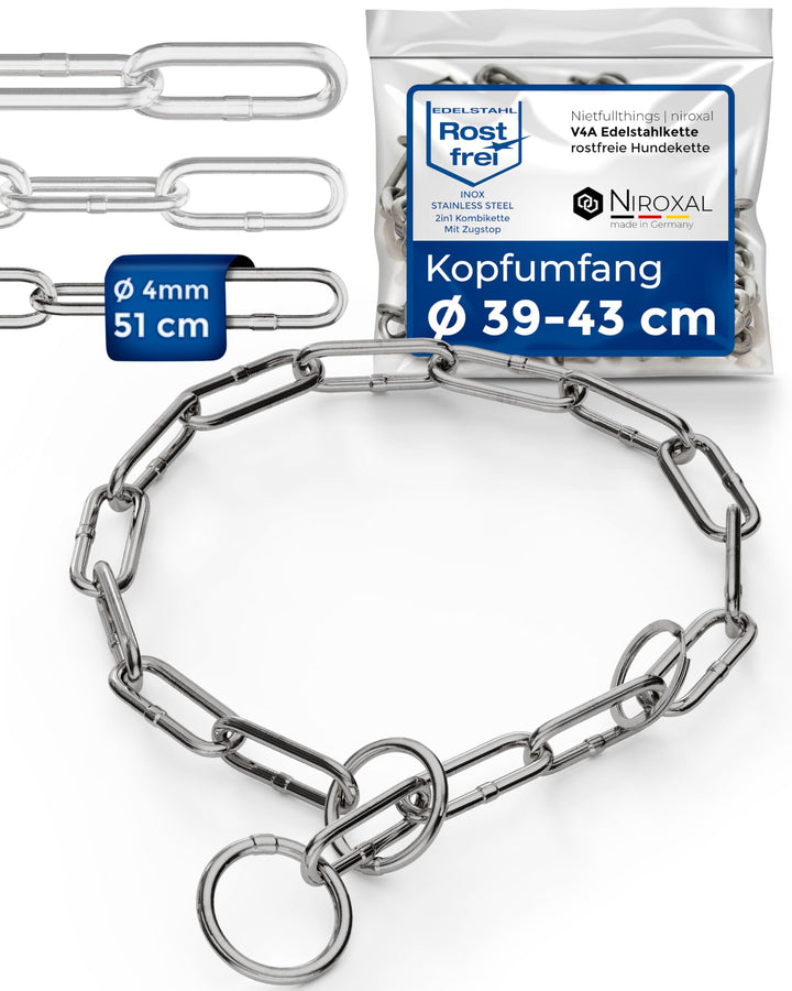 Kettenwürger für Hunde mit Kopfumfang 39-43 cm aus Edelstahl V4A Hundekette mit Zugstop Kettenhalsba
