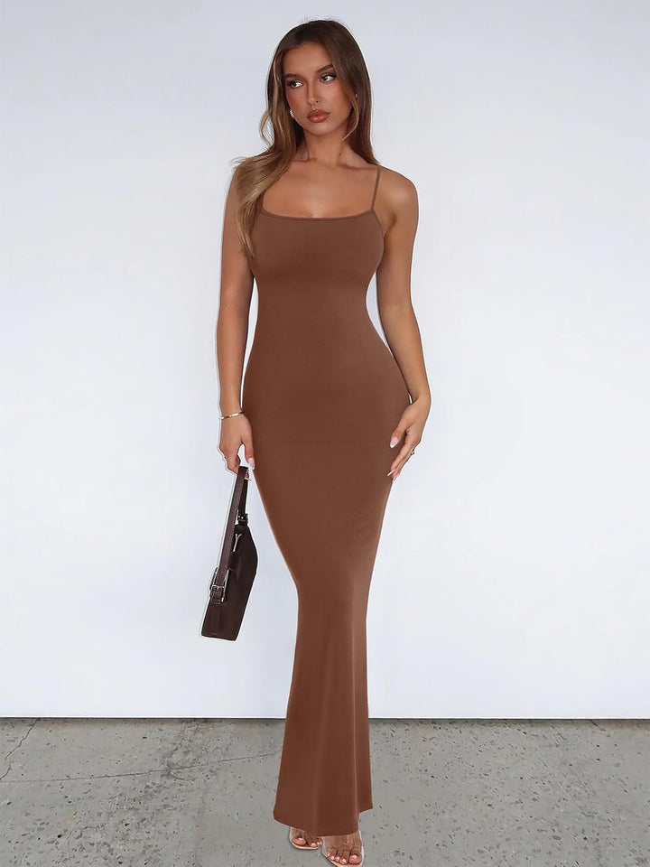 REORIA Damen Sexy Lounge Slip Langes Kleid Elegantes Hochzeitsgast ärmelloses rückenfreies Geripptes