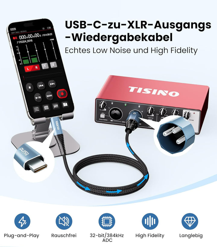 Tisino USB-C auf XLR Male Audio-Kabel 32 Bit/384 kHz DAC (3m), Digital-zu-Analog-Ausgang für Aktivla