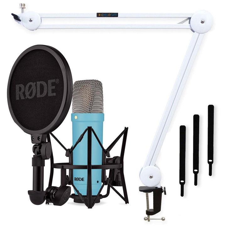 Rode NT1 Signature Blue Studio-Mikrofon Blau + keepdrum MS138 Gelenkarm-Stativ Weiss blue Mikrofon B