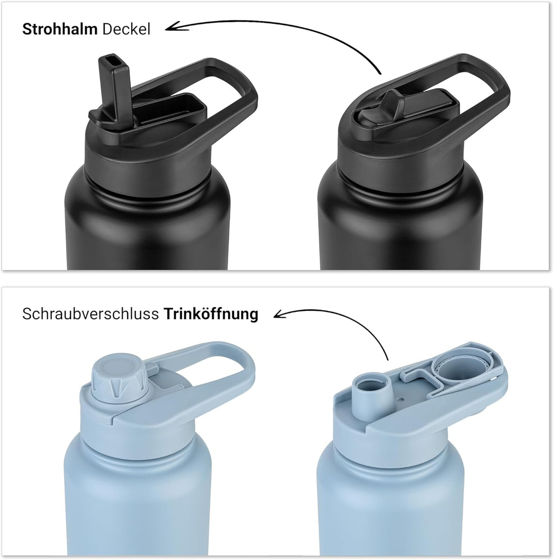 Vinsun Thermosflasche schwarz 1L - auslaufsicher, Kohlensäure geeignet, BPA frei - Strohhalm, Trinkö