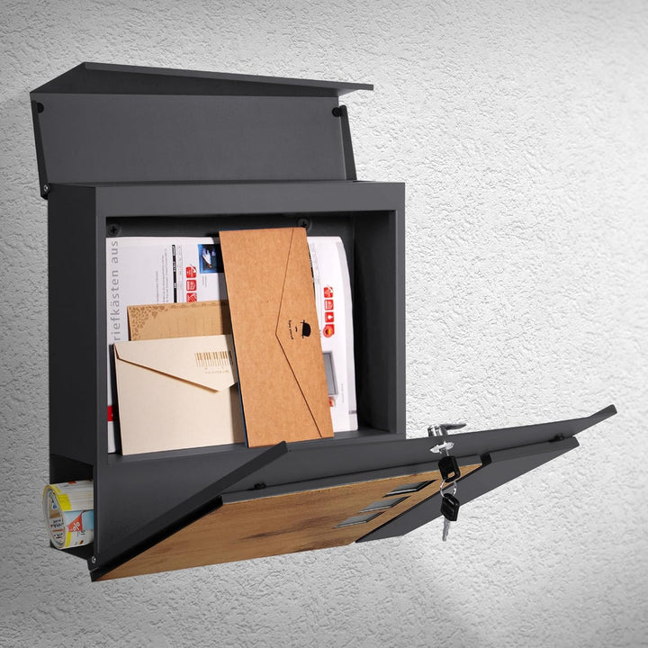 ML-Design Briefkasten 37x36,5x11 cm Anthrazit/Holzoptik aus Stahl, Postkasten mit Zeitungsfach, Absc
