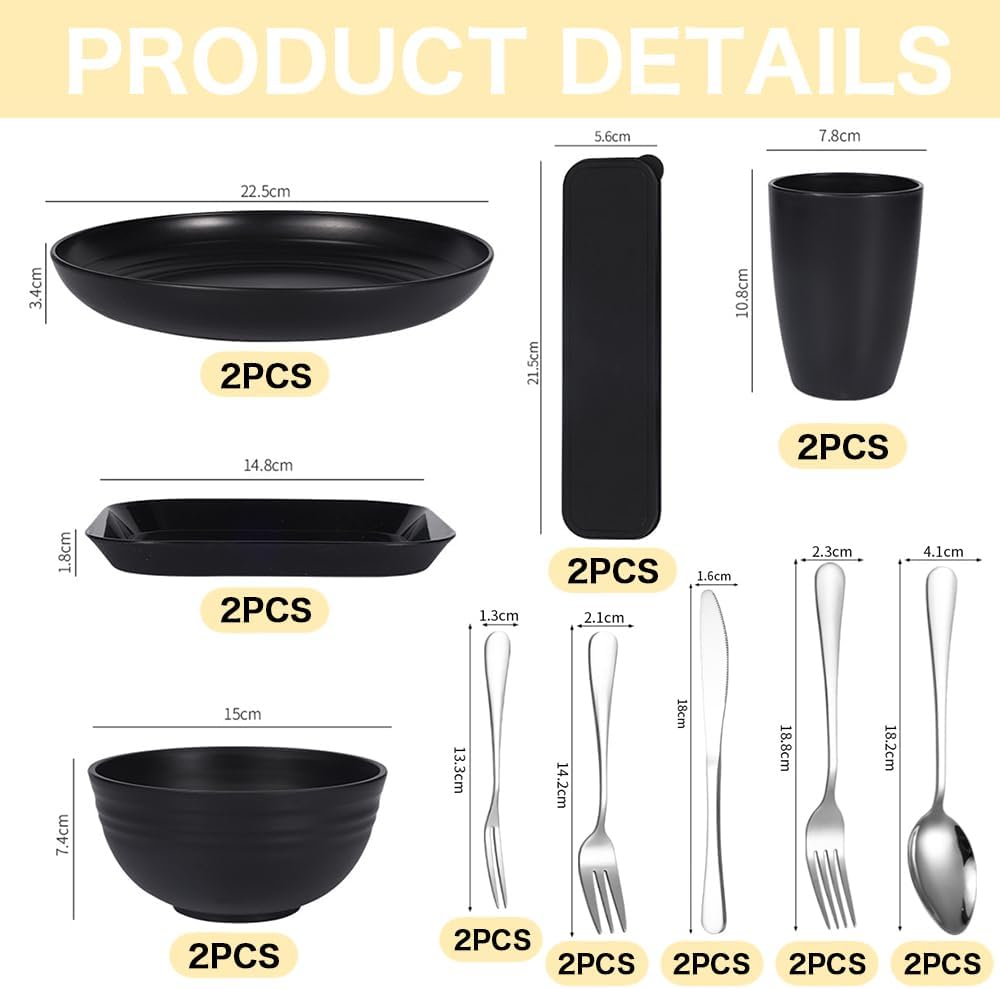 Camping Geschirr Set,Plastikgeschirr mit Edelstahl Campingbesteck,Unzerbrechliches Geschirr Set,Leic