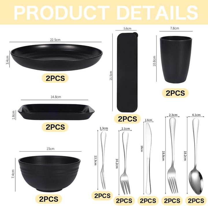 Camping Geschirr Set,Plastikgeschirr mit Edelstahl Campingbesteck,Unzerbrechliches Geschirr Set,Leic