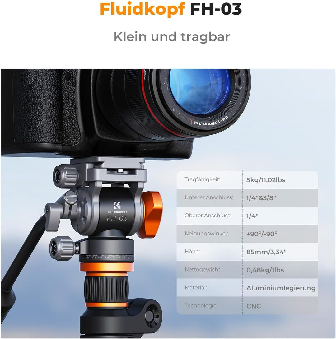 Stativkopf, K&F Concept FH-03 Fluidkopf,Stativkopf für Stativ,Videokopf mit Arca-Swiss Schnellwechse