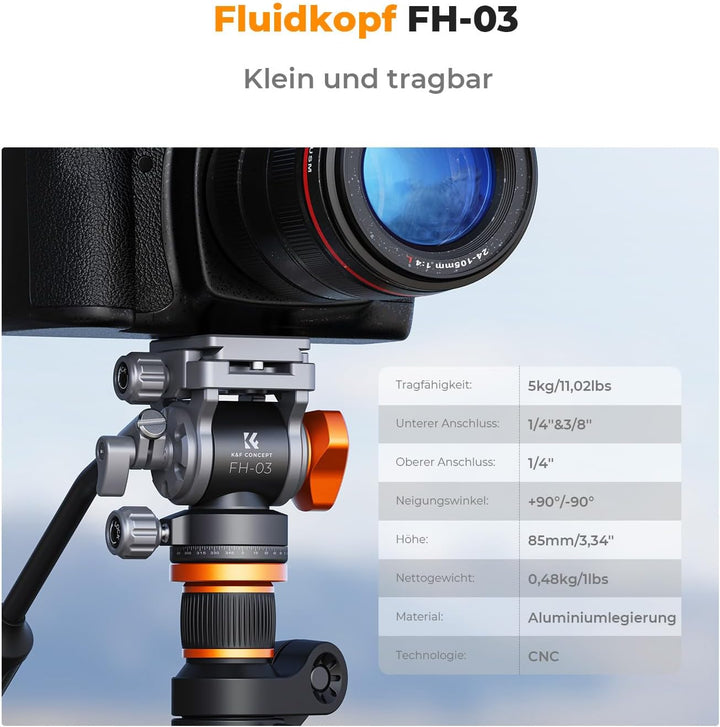 Stativkopf, K&F Concept FH-03 Fluidkopf,Stativkopf für Stativ,Videokopf mit Arca-Swiss Schnellwechse