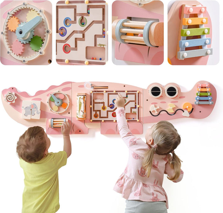 ROBUD Wandmontiertes Montessori Busy Board, 8-in-1 Activity Board Spielzeug Holz Beschäftigungsbrett