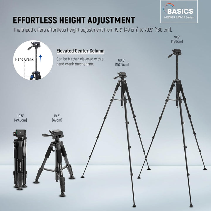 NEEWER Basics Kamera Stativ, 71'' Tripod mit Handyhalterung, kompatibel mit iPhone für Videoaufnahme