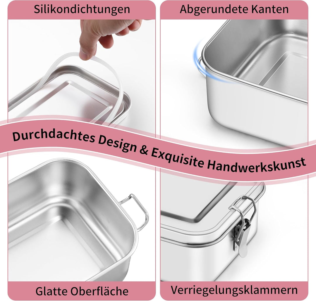 Onader Edelstahl Brotdose mit Fächern 2er Set, 1400ml Bento Box Lunchbox mit Abnehmbar Trennwand, Me