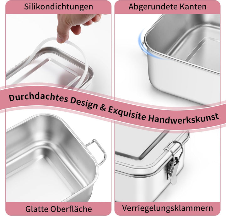 Onader Edelstahl Brotdose mit Fächern 2er Set, 1400ml Bento Box Lunchbox mit Abnehmbar Trennwand, Me