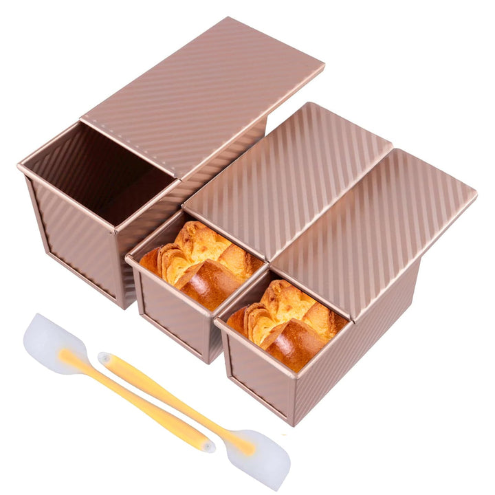 CHUENKUK 3 Stücke 2 Grösse Toastbrot Backform mit Deckel, 20,6 x 11,9cm und 18,7 x 9,3cm Roségold Ka
