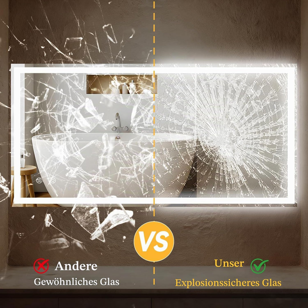 Clevich Badspiegel mit Beleuchtung 120×60 cm, LED Spiegel mit 3 Lichtfarben Dimmbar, Gehärtetes Glas