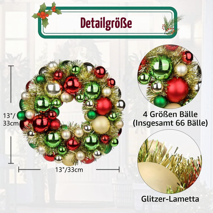 13 Zoll/33cm Weihnachtskranz, Türkranz, Weihnachtlicher Weihnachtskranz Outdoor, Weihnachtsdeko Indo
