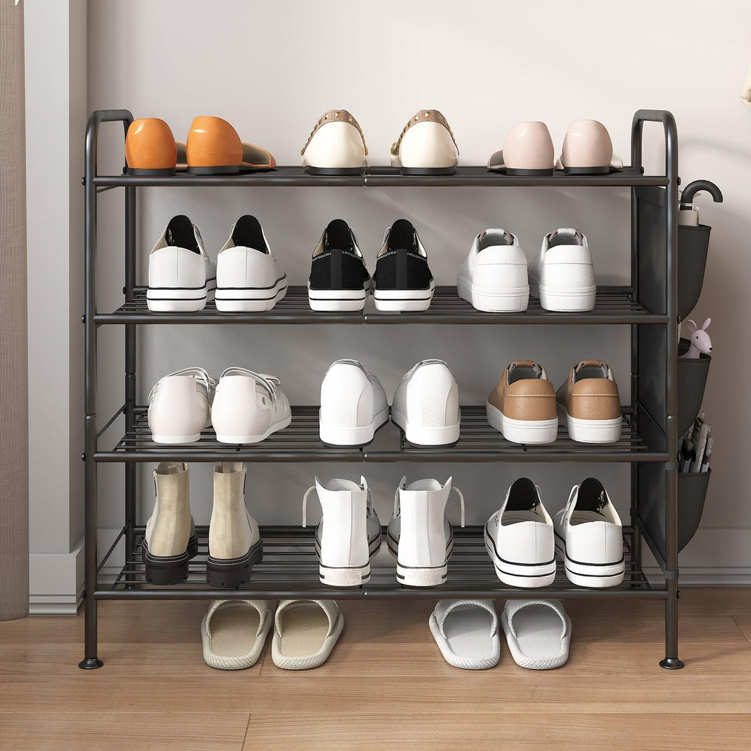 Schuhregal 4 Ebenen Schuhaufbewahrung Organizer Metall mit Seitentaschen für Flur, Schlafzimmer (Sch