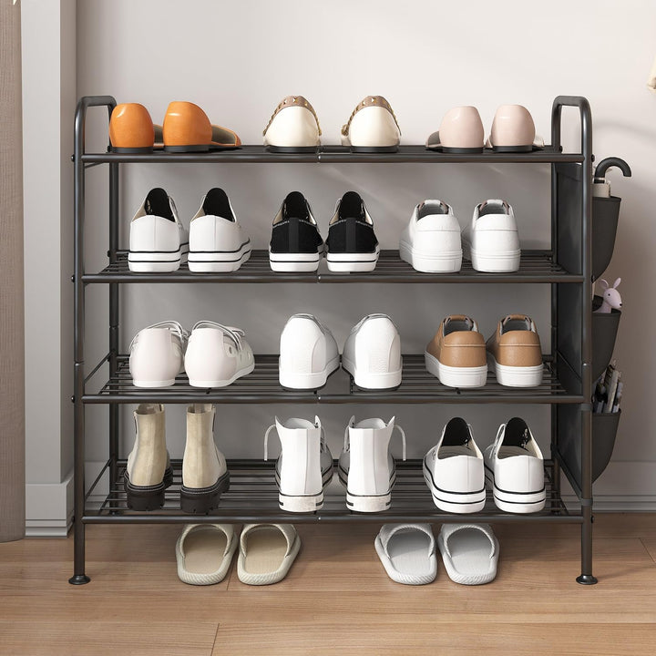 Schuhregal 4 Ebenen Schuhaufbewahrung Organizer Metall mit Seitentaschen für Flur, Schlafzimmer (Sch