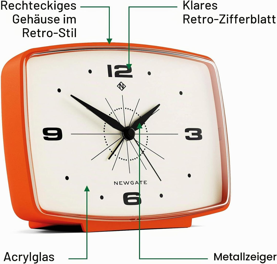NEWGATE ® Brooklyn Wecker | Rechteckiges Design | Kürbisorange | Geräuschloses Uhrwerk ohne Ticken |