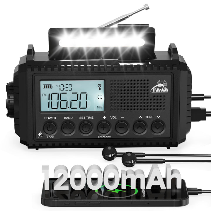 Kurbelradio, Notfallradio mit 12000 mAh Powerbank, AM/FM/SW Radio Ohne Strom, Kurbel 5-Wege Solar Ra