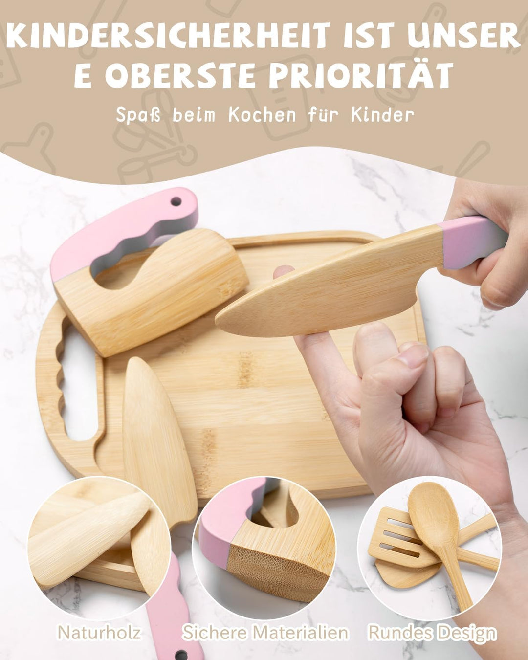Kindermesser Set – 29-teilig mit sicherem Kiddikutter, Holzmesser Schneidebrett – Montessori Küchens