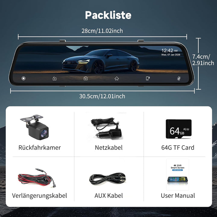 2026 Neuestes 12,5 Zoll 4K Rückfahrkamera Spiegel mit Wireless CarPlay Android Auto, Dashcam Auto Sp
