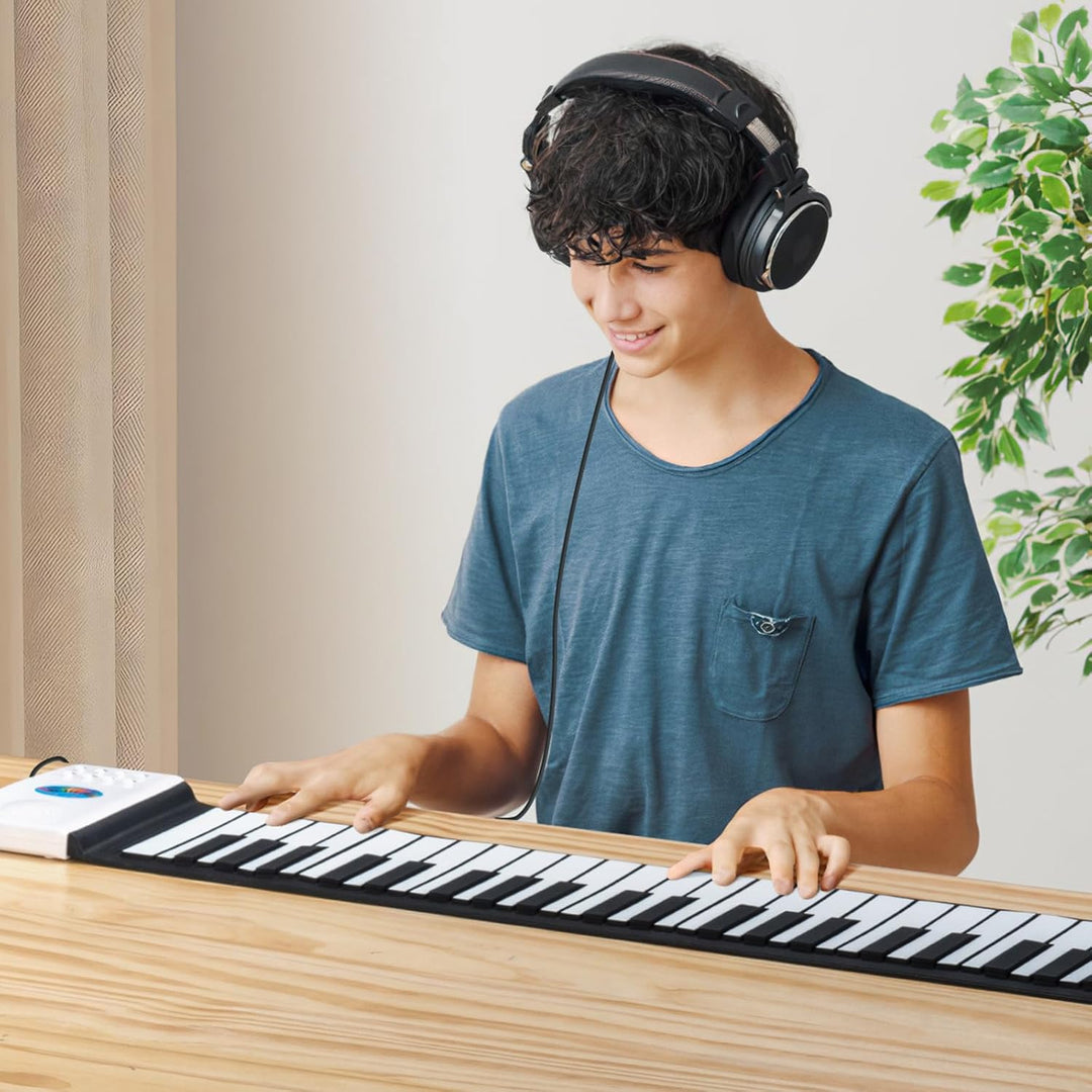 POGOLAB 49 Tasten Rollpiano, Digitales Piano Keyboard mit 47 Tönen, 14 Demo, 128 Reimen, Mikrofon-Ko