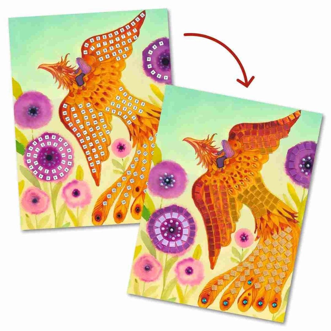 Djeco Mosaik Bastelset Fabelwesen für Kinder ab 6 Jahren | Kreatives DIY Set mit Glitzersteinen, Mos