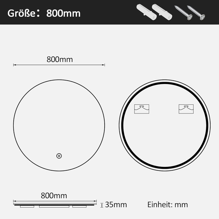 Boromal LED Badspiegel mit Beleuchtung 80x80cm Rund Badezimmerspiegel 3 Lichtfarbe Dimmbar 3000-6500