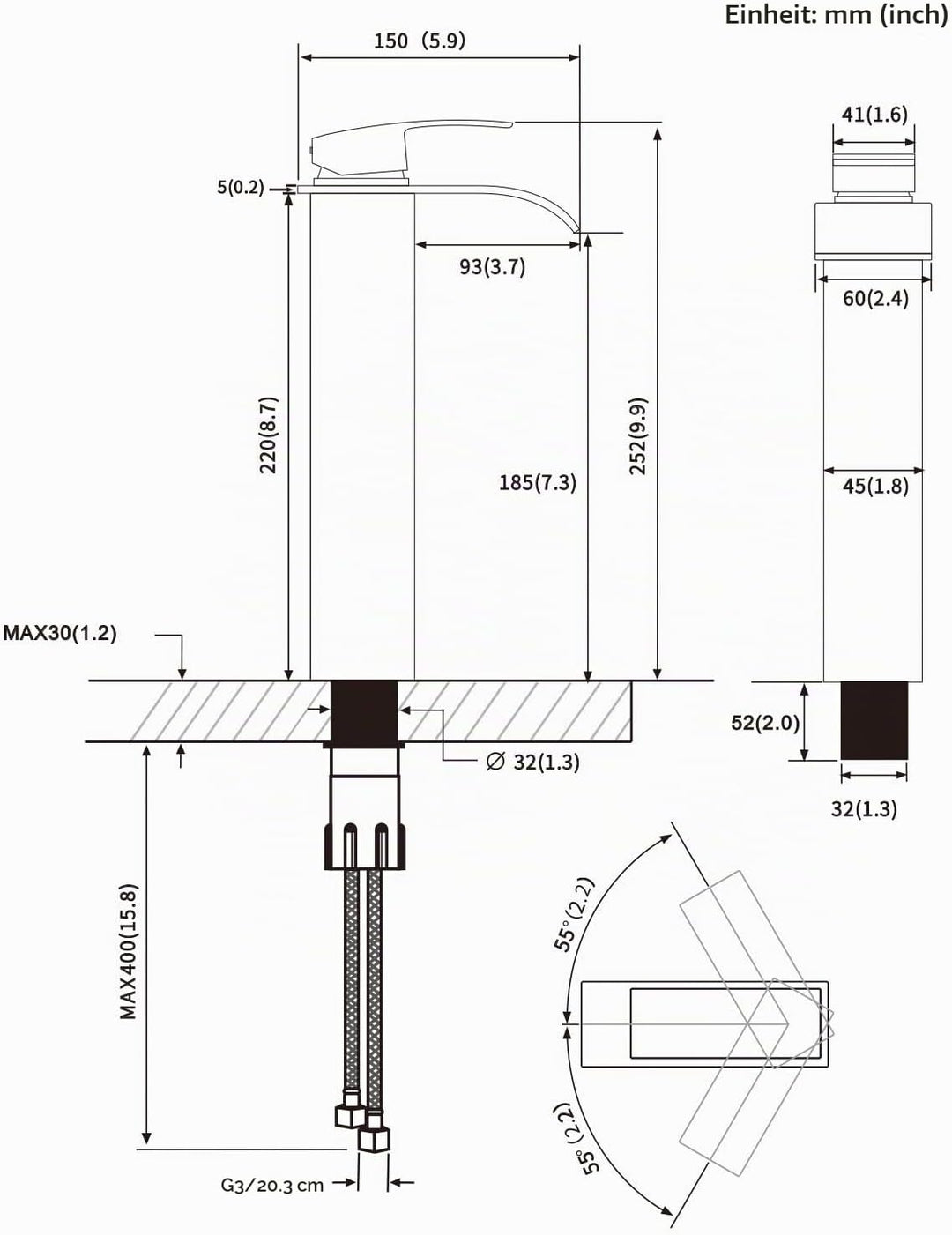 CECIPA Hoch Wasserfall Wasserhahn Bad Schwarz Waschtischarmatur Wasserfall Edelstahl mit Auslauf Höh