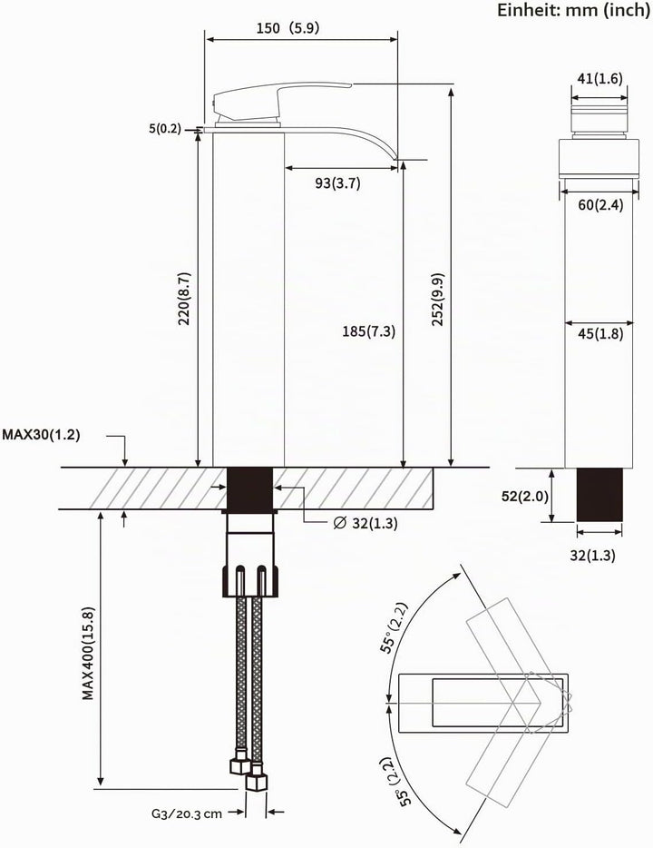 CECIPA Hoch Wasserfall Wasserhahn Bad Schwarz Waschtischarmatur Wasserfall Edelstahl mit Auslauf Höh