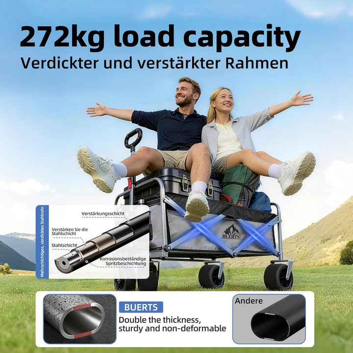 Bollerwagen Faltbar – Tragkraft 272 kg, mit Bremsen, Getränkehalter, Verstellbarem Griff, All Terrai