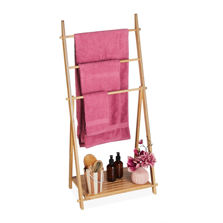 Relaxdays Handtuchleiter Bambus, 3 Stangen, 1 Ablage, HBT: 110 x 53 x 31,5 cm, klappbar, Standhandtu
