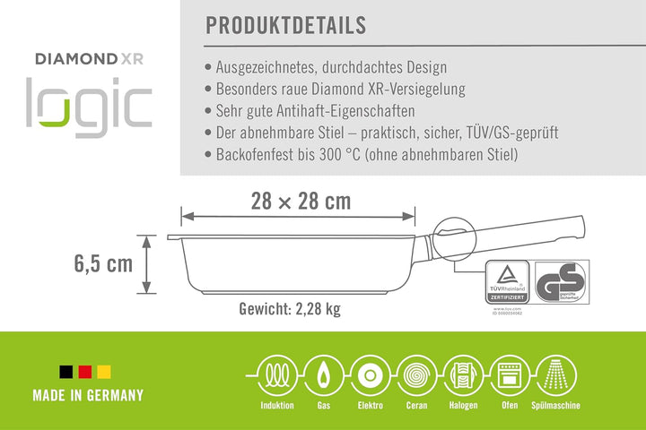 Woll Diamond Logic XR Pro Gusspfanne, viereckig - Induktiv -, 28 cm x 28 cm, 6.5 cm hoch, mit abnehm