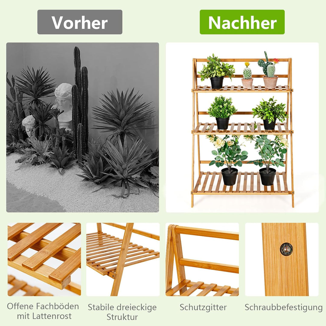 RELAX4LIFE Blumenständer Klappbar, Pflanzenregal 3-stufig, Blumenleiter aus Bambus, Freistehendes Bl