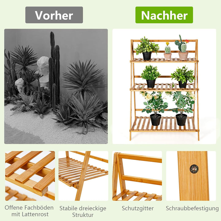 RELAX4LIFE Blumenständer Klappbar, Pflanzenregal 3-stufig, Blumenleiter aus Bambus, Freistehendes Bl