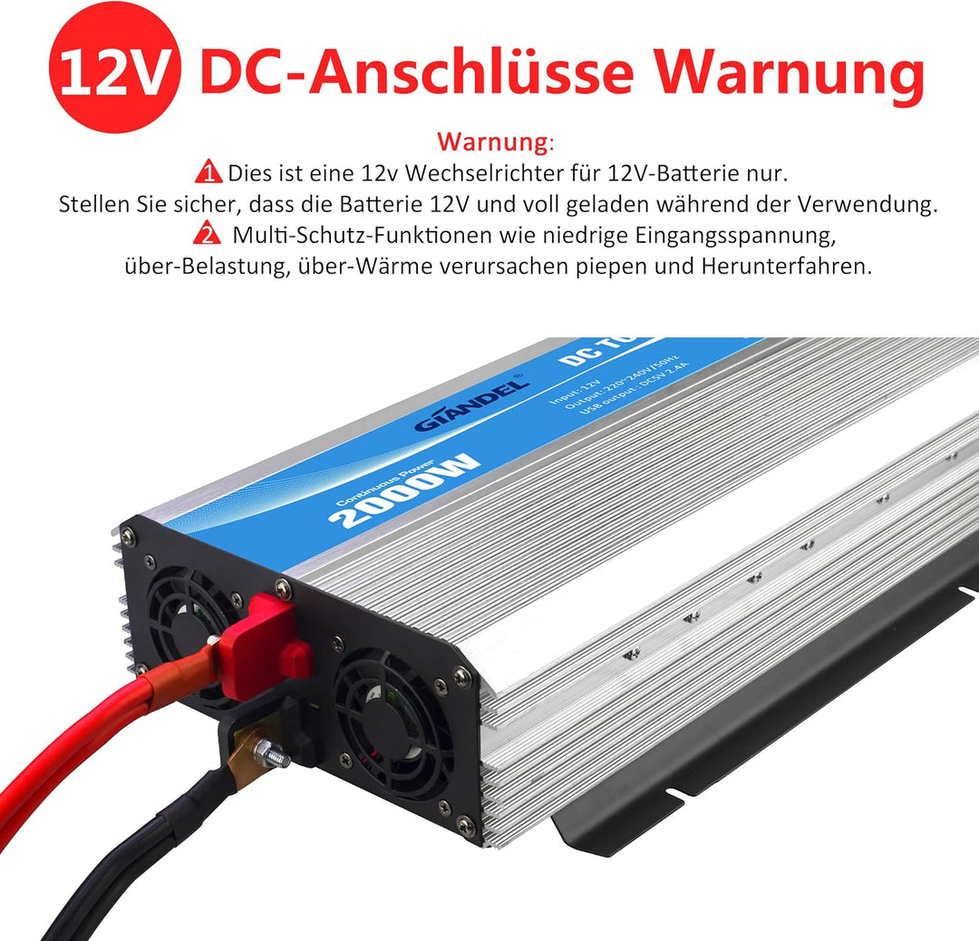 GIANDEL 2000W Modifizierter Welle Wechselrichter 12V auf 230V Spannungswandler Kompatibel Lithium-Ba