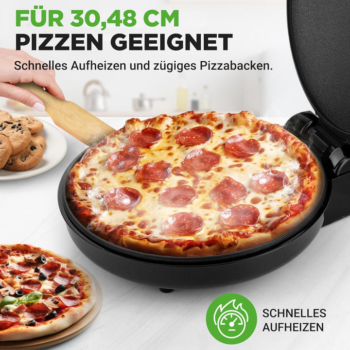 NutriChef Elektrischer Pizzaofen Schwarz – 1500W Kompaktgerät für 30cm Pizza Antihaftplatte für Pizz