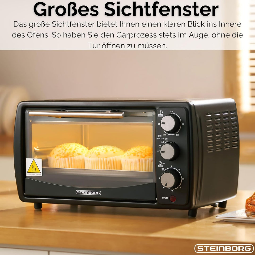 Steinborg® Mini Backofen 13 Liter Krümelblech Ober- und Unterhitze 1.200 Watt Miniofen mit Timer kle