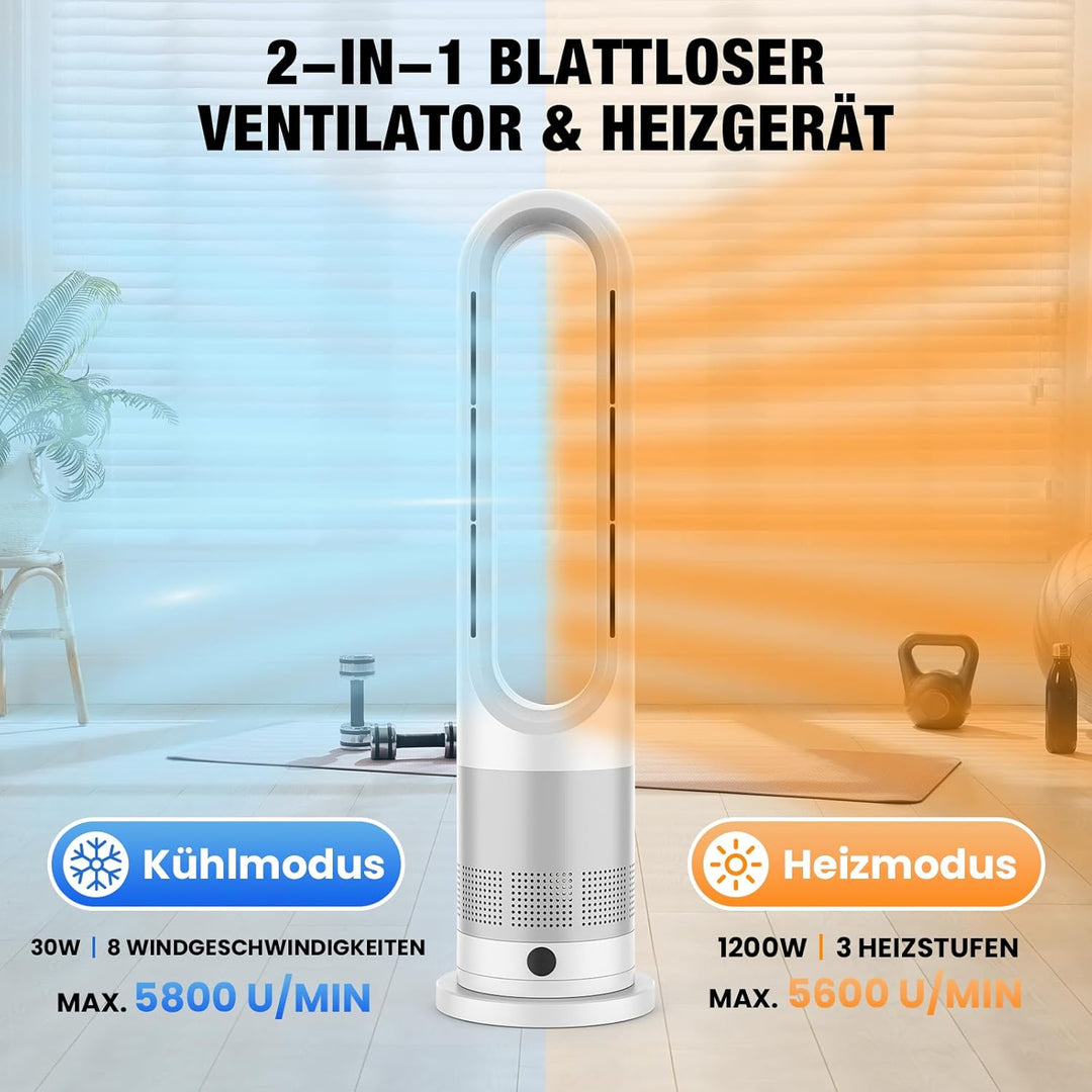 Turmventilator, Rotorlos Ventilator mit Kühlung und Heizen, Luftkühler sehr Leise, 8 Stufen Tower-Ve