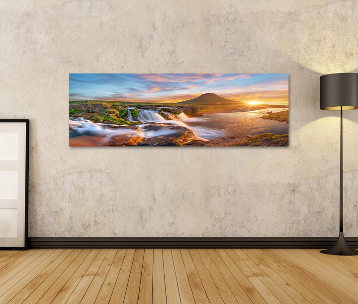 islandburner Bild auf Leinwand Schöne Landschaft Sonnenaufgang Kirkjufellsfoss Wasserfall Kirkjufell